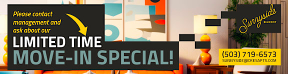 A sign advertising a limited time move-in special at Sunnyside Belmont.
