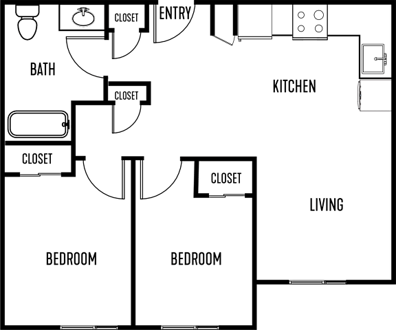 A floor plan of a house with two bedrooms, a kitchen, a bathroom, and closets.