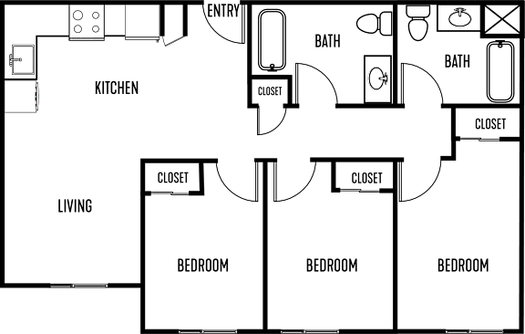 A floor plan of a house with a living room, kitchen, and three bedrooms.