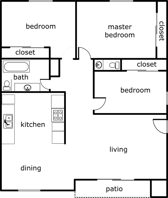 A floor plan of a house with a kitchen, dining area, and multiple bedrooms and closets.
