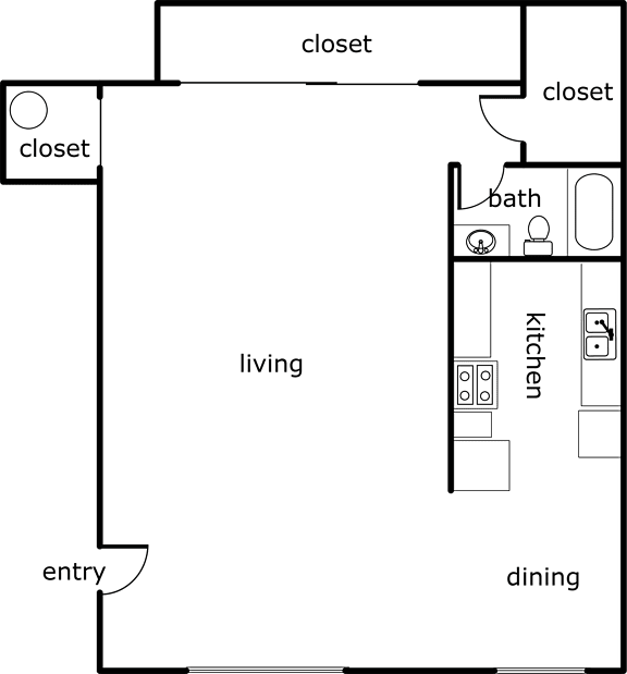 A floor plan of a house with a living room, dining room, kitchen, and bathroom.