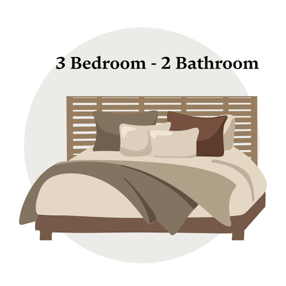 A bedroom with three beds and two bathrooms.