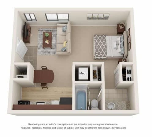a sq ft apartment with a bedroom and a bathroom