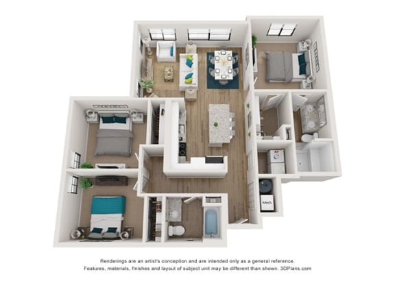 a stylized floor plan of a 3 bedroom apartment