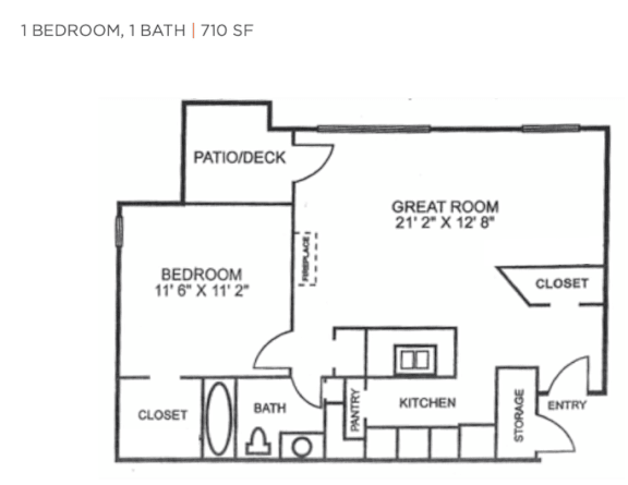 Floor Plan  A floor plan of a 710 square foot home with one bedroom and one bath.