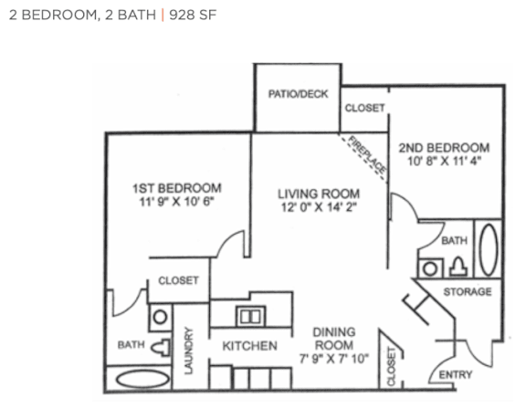 A floor plan of a 2 bedroom, 2 bath home with a living area, dining area, kitchen, and laundry room. A floor plan of a 2 bedroom, 2 bath home with a living area, dining area, kitchen, and laundry room.