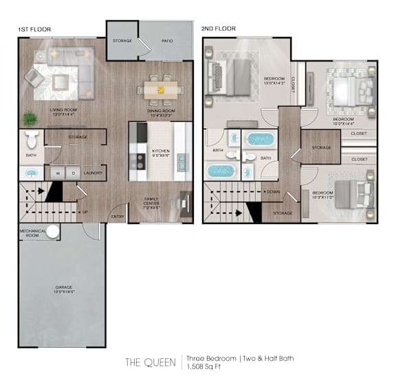 A diagram of a three bedroom apartment with two half baths and a garage.