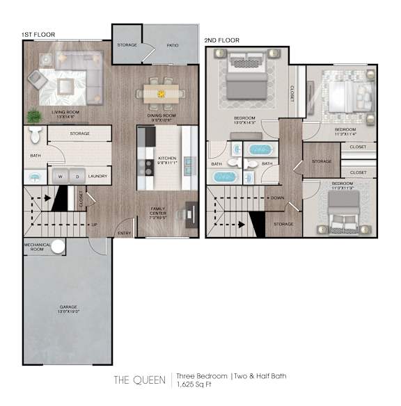 A diagram of a three bedroom, two and a half bath home.