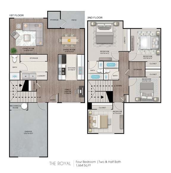 A floor plan of a 1,664 square foot four bedroom home with two and a half baths.