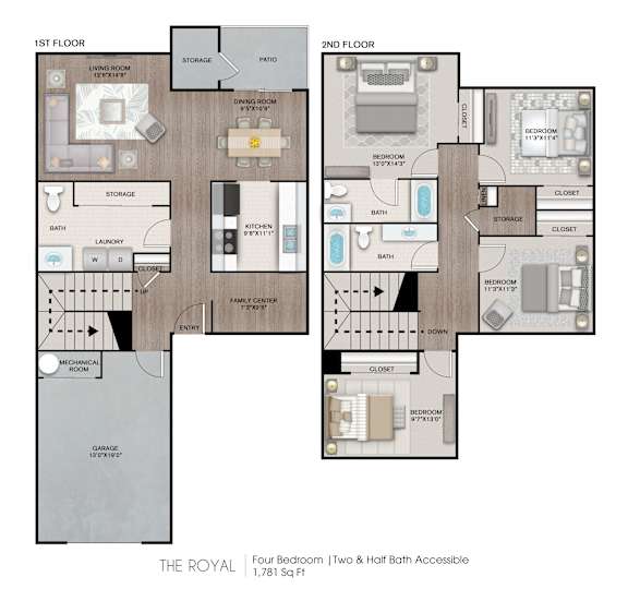 A floor plan of a two-story home with a living room, dining room, kitchen, and multiple bedrooms.