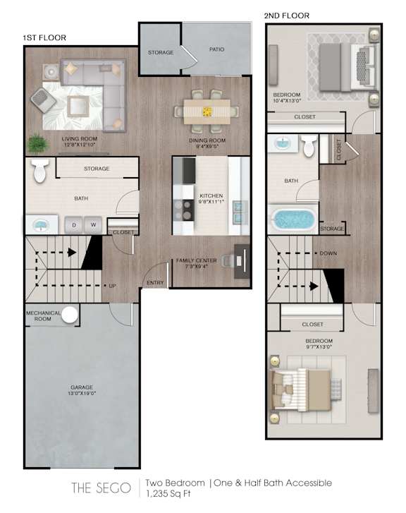 A diagram of a two bedroom apartment with one and a half bathrooms.
