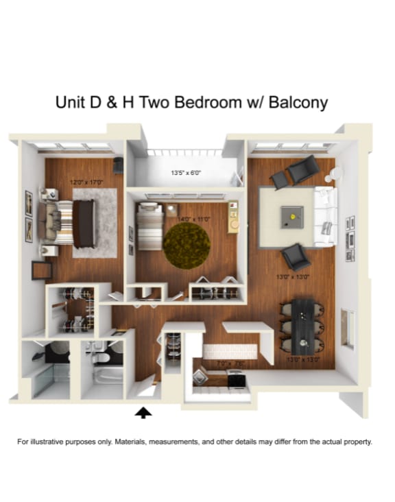 a floor plan of unit d &amp; h two bedroom with balcony