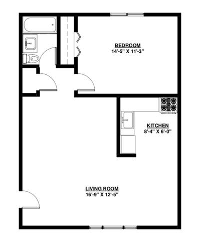 a small floor plan with a kitchen and a living room