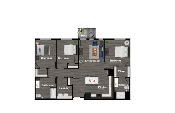 A floor plan of a house with a deck and a kitchen.