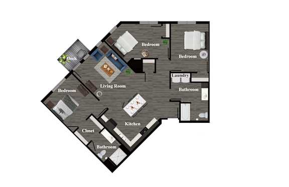 A floor plan of a house with a deck and a living room.