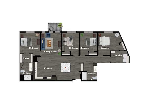 A floor plan of a house with a living room, kitchen, and bedrooms.