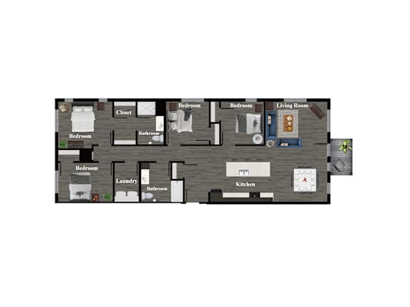 A floor plan of a house with 4 bedrooms, 2 bathrooms, a kitchen, a living room, and a laundry room.