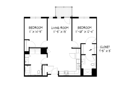 A black and white image of a house floor plan with three bedrooms and a living room.