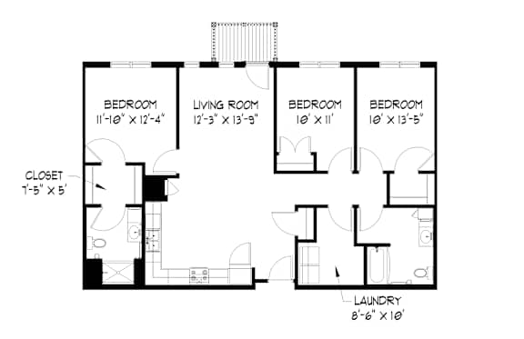 A black and white floor plan of a house with four bedrooms and a laundry room.