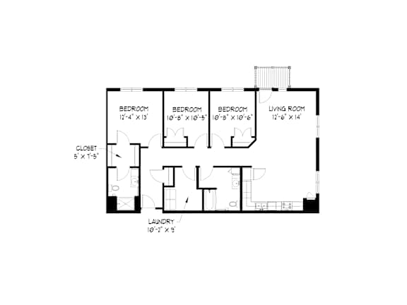 A floor plan of a house with four bedrooms and a laundry room.