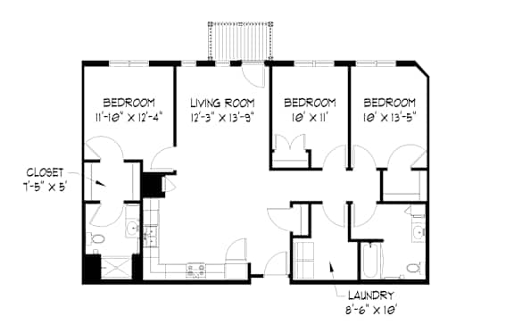 A black and white floor plan of a house with four bedrooms and a laundry room.