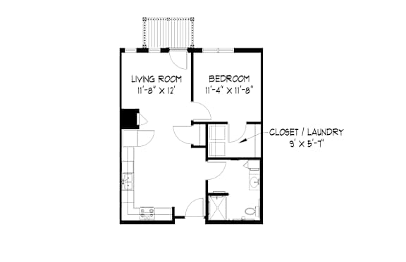 A floor plan of a small apartment with a living room, bedroom, and laundry area.