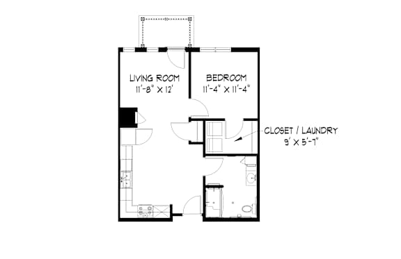 A floor plan of a small apartment with a living room, bedroom, and laundry area.