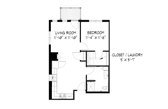 A black and white image of a floor plan for a small apartment.