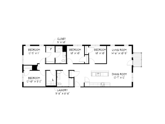 A floor plan of a house with a laundry room and five bedrooms.