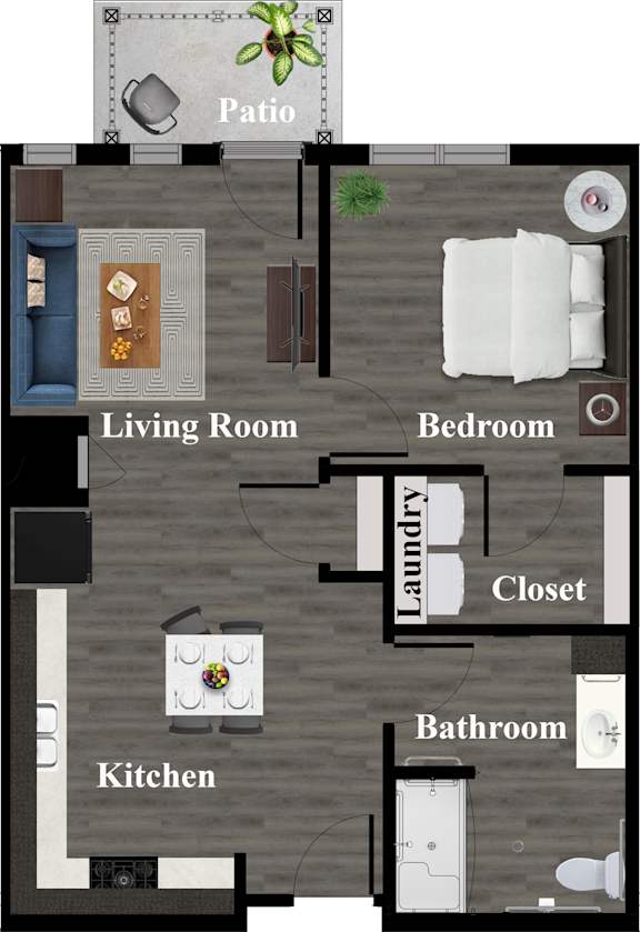 A floor plan of a house with a living room, kitchen, bedroom, bathroom, and closet.