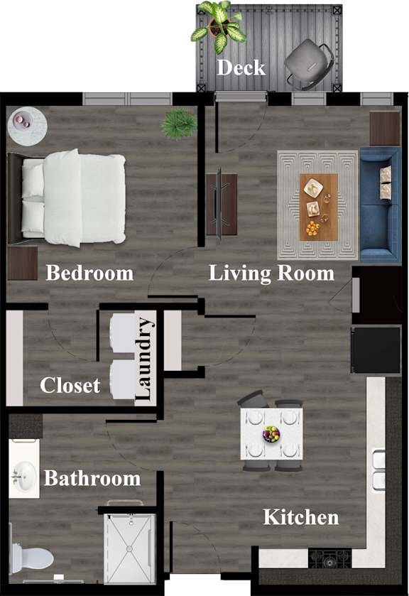 A floor plan of a house showing a bedroom, living room, kitchen, bathroom, and closet.