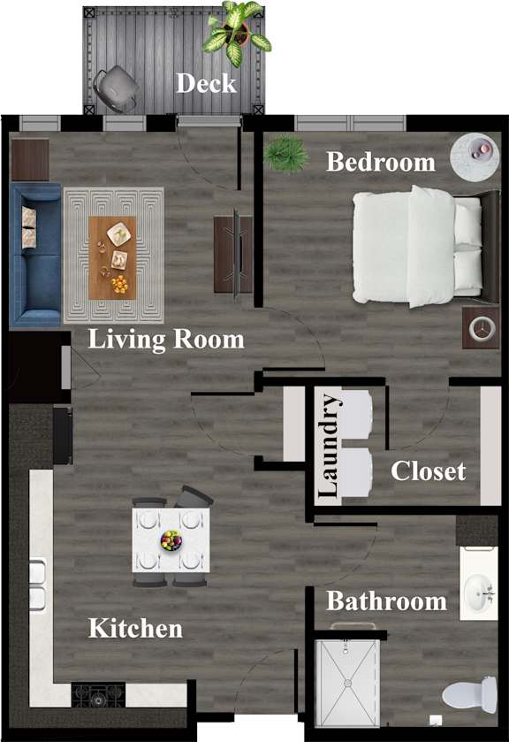 A floor plan of a house showing a kitchen, living room, bedroom, bathroom, and closet.