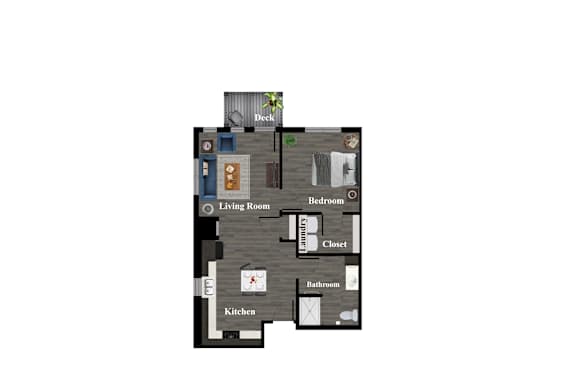 A floor plan of a house with a kitchen, living room, bedroom, and bathroom.