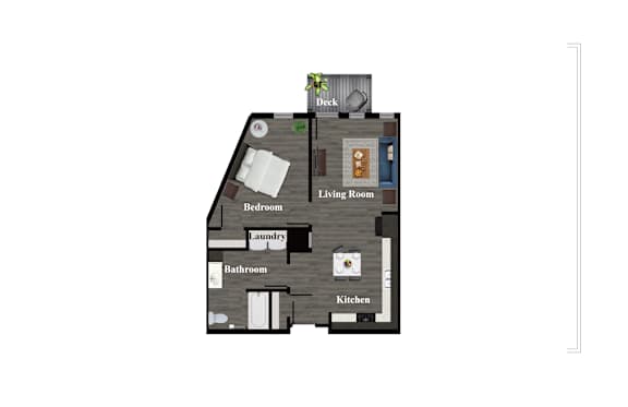 A diagram of a house with labeled rooms such as a living room, bedroom, and kitchen.