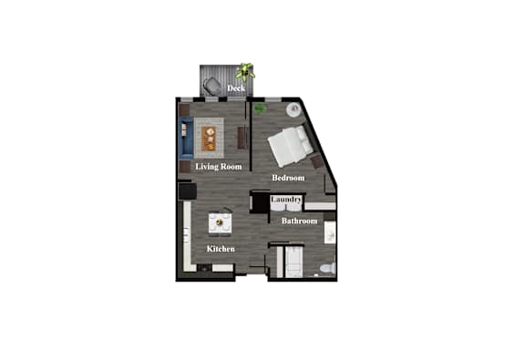 A diagram of a house with labeled rooms including a living room, kitchen, bedroom, laundry, and bathroom.
