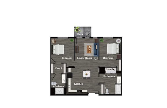 A floor plan of a house with a deck and a kitchen.