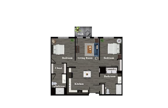 A floor plan of a house with a deck and a kitchen.