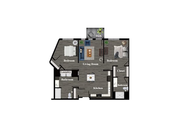 A floor plan of a house with a deck and a living room.