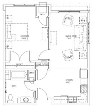 A floor plan of a house with labeled rooms such as "Kitchen" and "Bedroom".