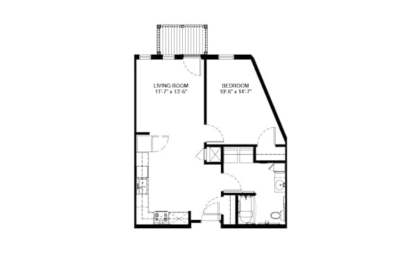 A floor plan of a small apartment with a living room, bedroom, and bathroom.