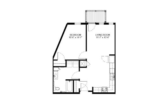 A black and white drawing of a house with a bedroom and living room.