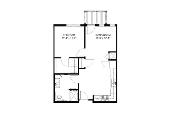 A floor plan of a small apartment with a bedroom and a living room.