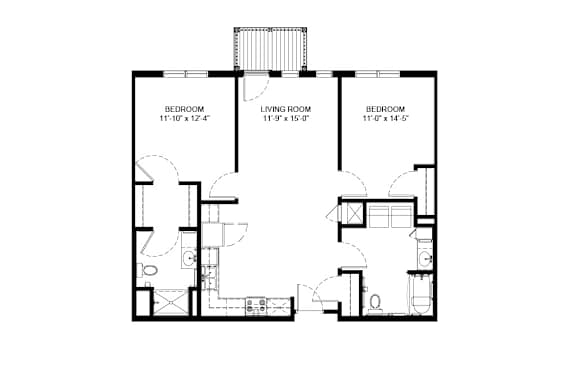 A black and white image of a floor plan for a house with three bedrooms and a living room.