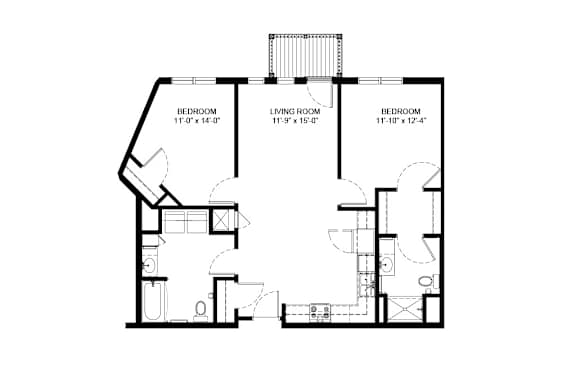A black and white image of a floor plan for a house with three bedrooms and a living room.