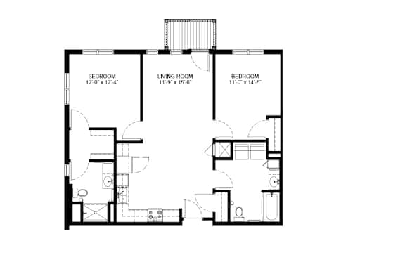 A black and white image of a floor plan for a house with three bedrooms and a living room.