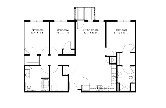 A black and white image of a floor plan for a house with four bedrooms and a living room.