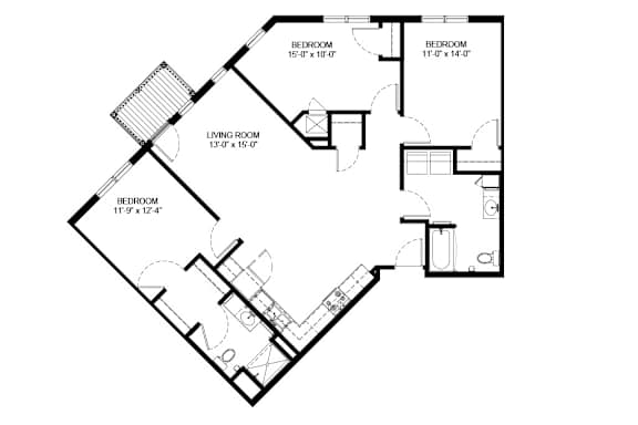 A black and white image of a floor plan for a house with four bedrooms and one living room.