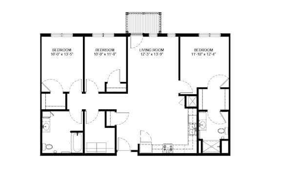 A black and white image of a floor plan for a house with four bedrooms and a living room.