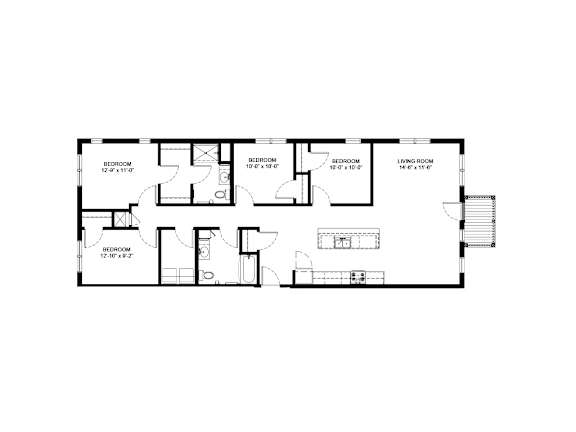 A floor plan of a house with 5 bedrooms and a living room.