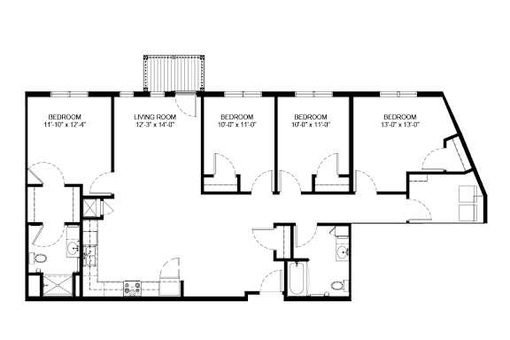 A black and white image of a floor plan for a house with six bedrooms.